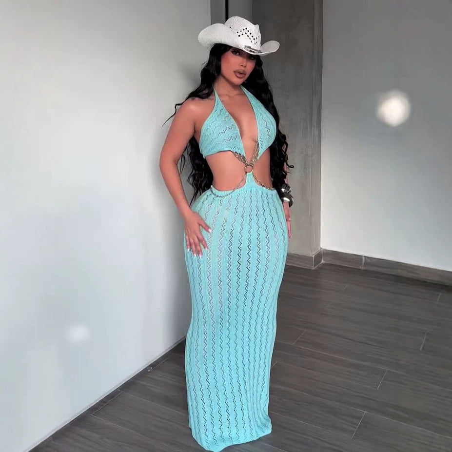 Beach Holiday Hollow Out Cutout out Knitted Halter Dress Deep V Plunge Chain Backless Long Blouse Women Clothing  DestGlow