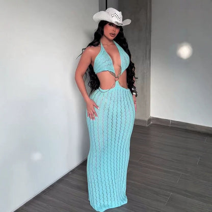 Beach Holiday Hollow Out Cutout out Knitted Halter Dress Deep V Plunge Chain Backless Long Blouse Women Clothing  DestGlow