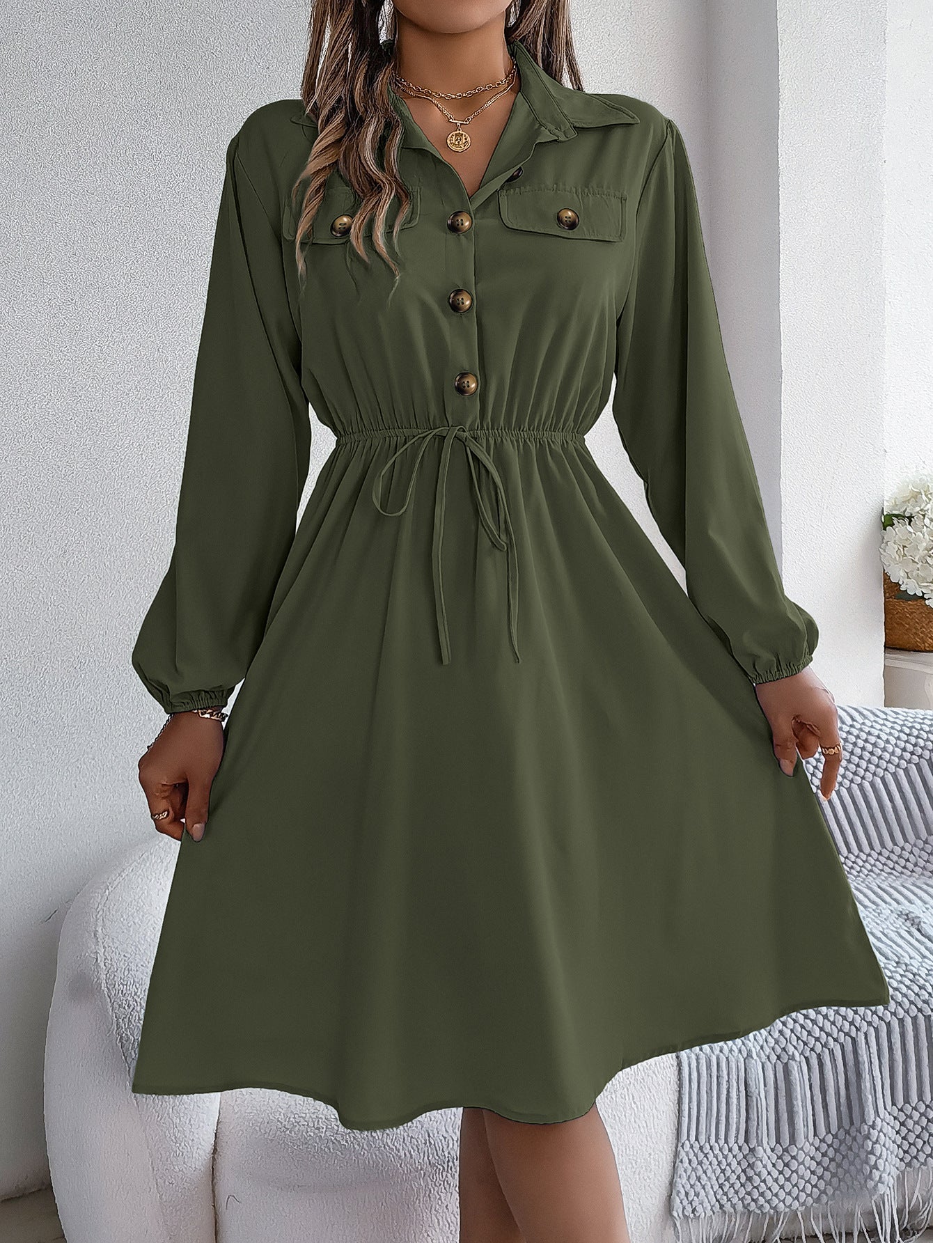 Real Shot Autumn Winter Casual Button Lace up Waist Controlled Long Sleeves Shirt Dress Women Clothing by Ragazza