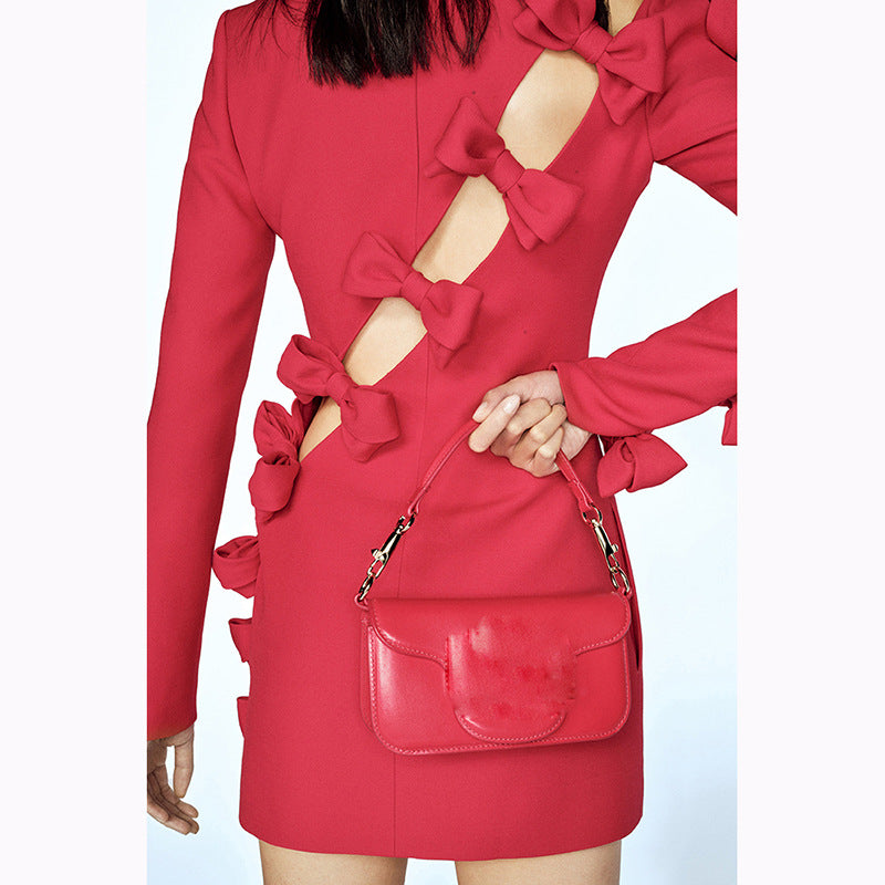 Early Autumn Star Personality Asymmetric Hollow Out Cutout Bow Dress Small Dress by Ragazza