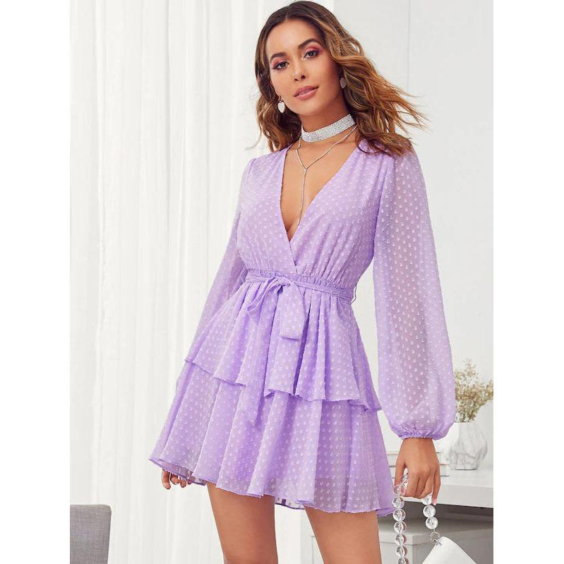 Women Summer Fashion V-neck Double Layer Lower Hem with Lace Polka Dot Dress by Ragazza