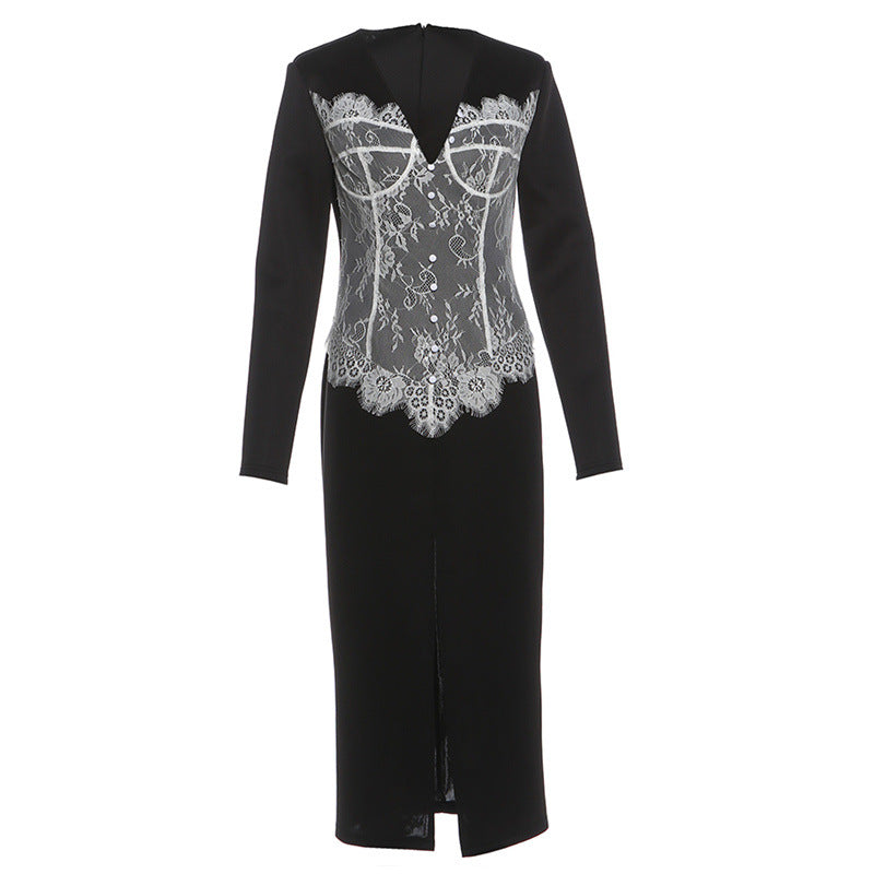 Autumn Winter Women Clothing Fashionable Slim Lace Stitching V neck Split Dress by Ragazza
