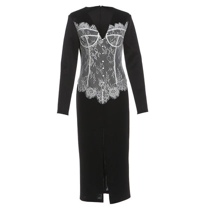 Autumn Winter Women Clothing Fashionable Slim Lace Stitching V neck Split Dress by Ragazza