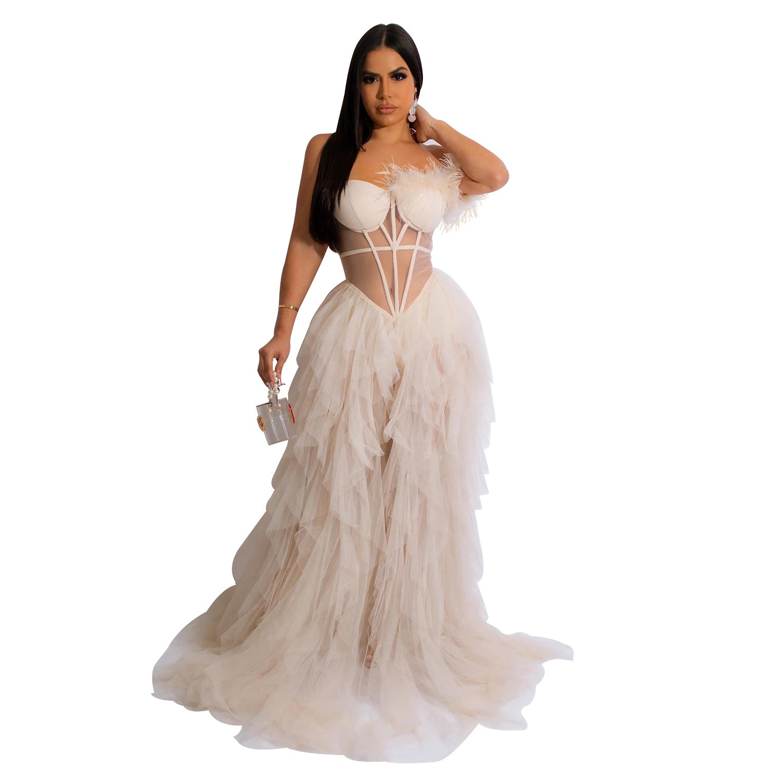 Women Wear Solid Color Sleeveless Corset Mesh Maxi Dress Dress 