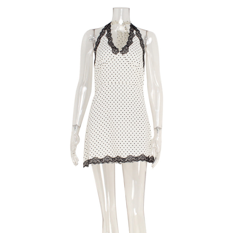 Polka Dot Sexy Pure V neck Lace Edge Slim Slimming Halter Dress A line Dress by Ragazza