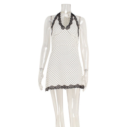 Polka Dot Sexy Pure V neck Lace Edge Slim Slimming Halter Dress A line Dress by Ragazza