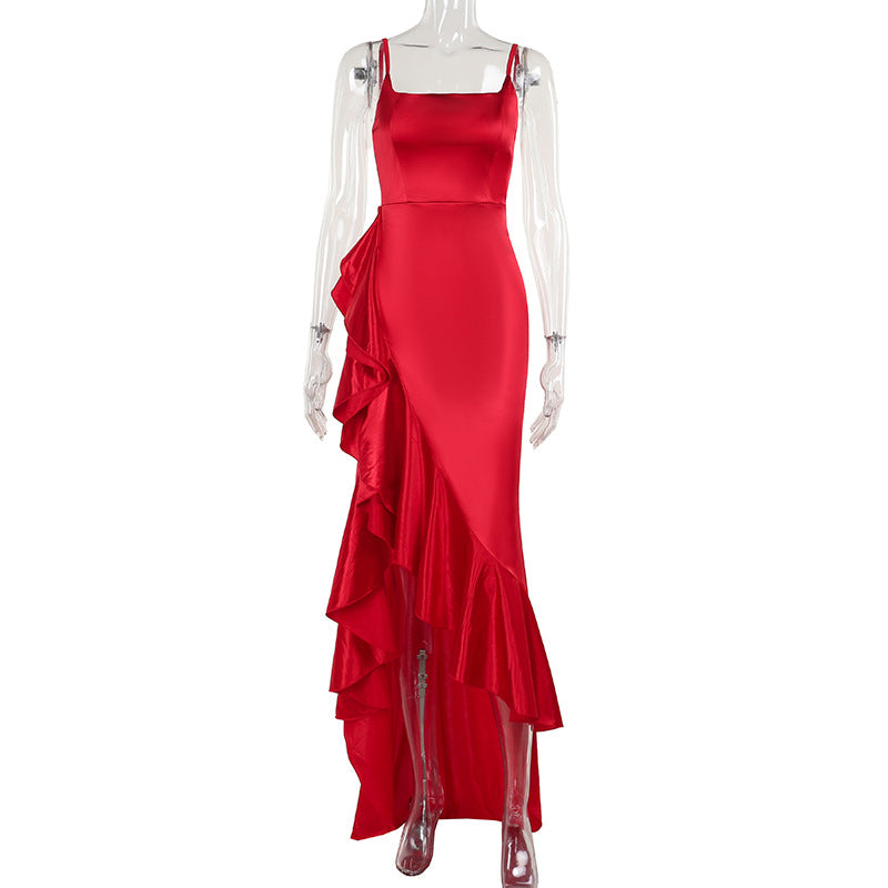Women Autumn Slit Sexy Spaghetti Strap Ruffle Dress by Ragazza