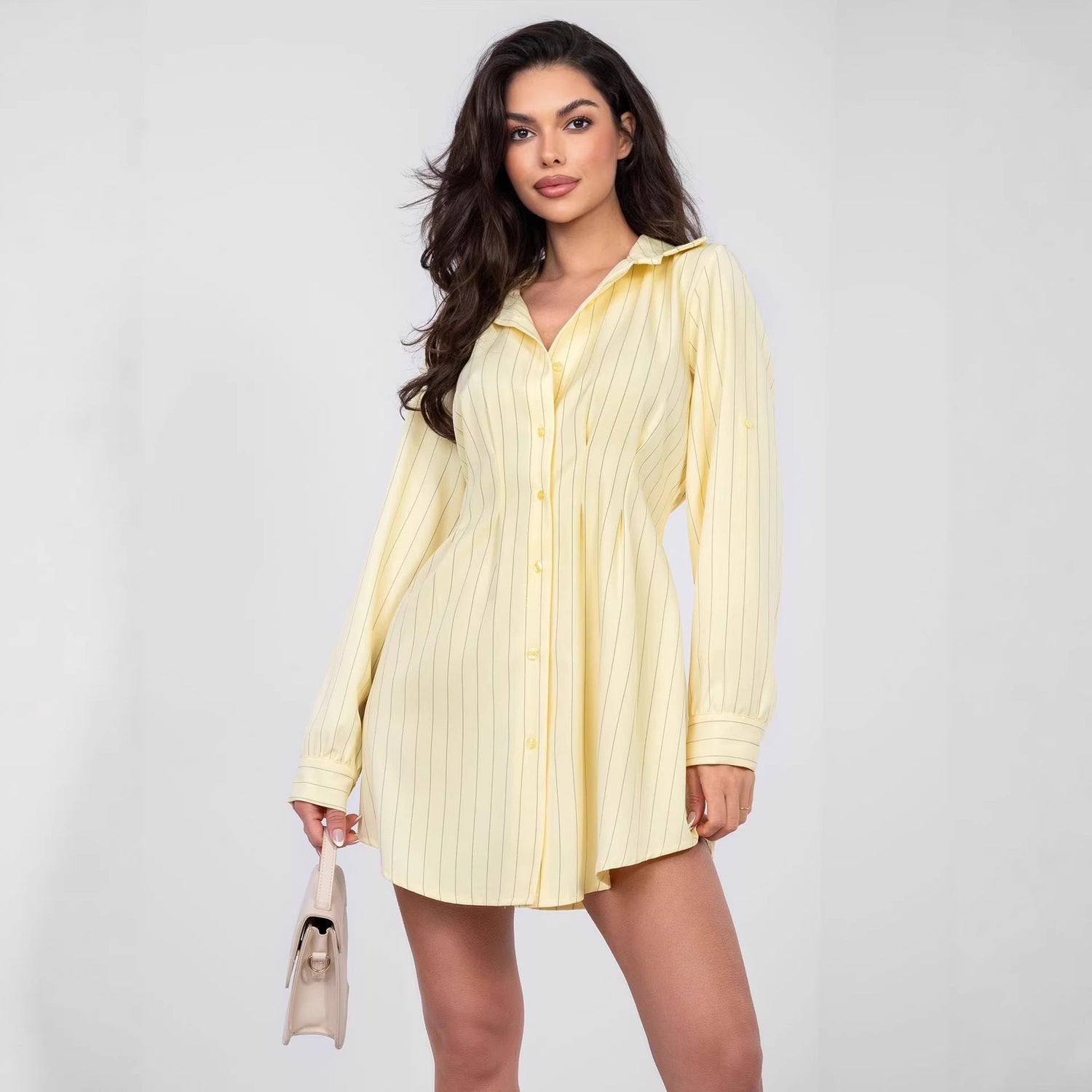 Button Long Sleeve Matching Pleated Skirt Striped Fitted Waist Turn down Collar Shirt Dress by Ragazza