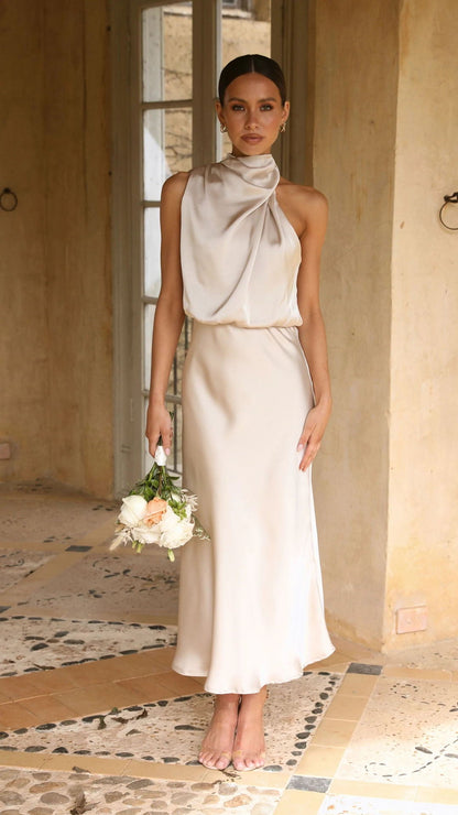 Summer Mature Elegant Women Clothing Sleeveless Halter Solid Color Satin Dress by Ragazza