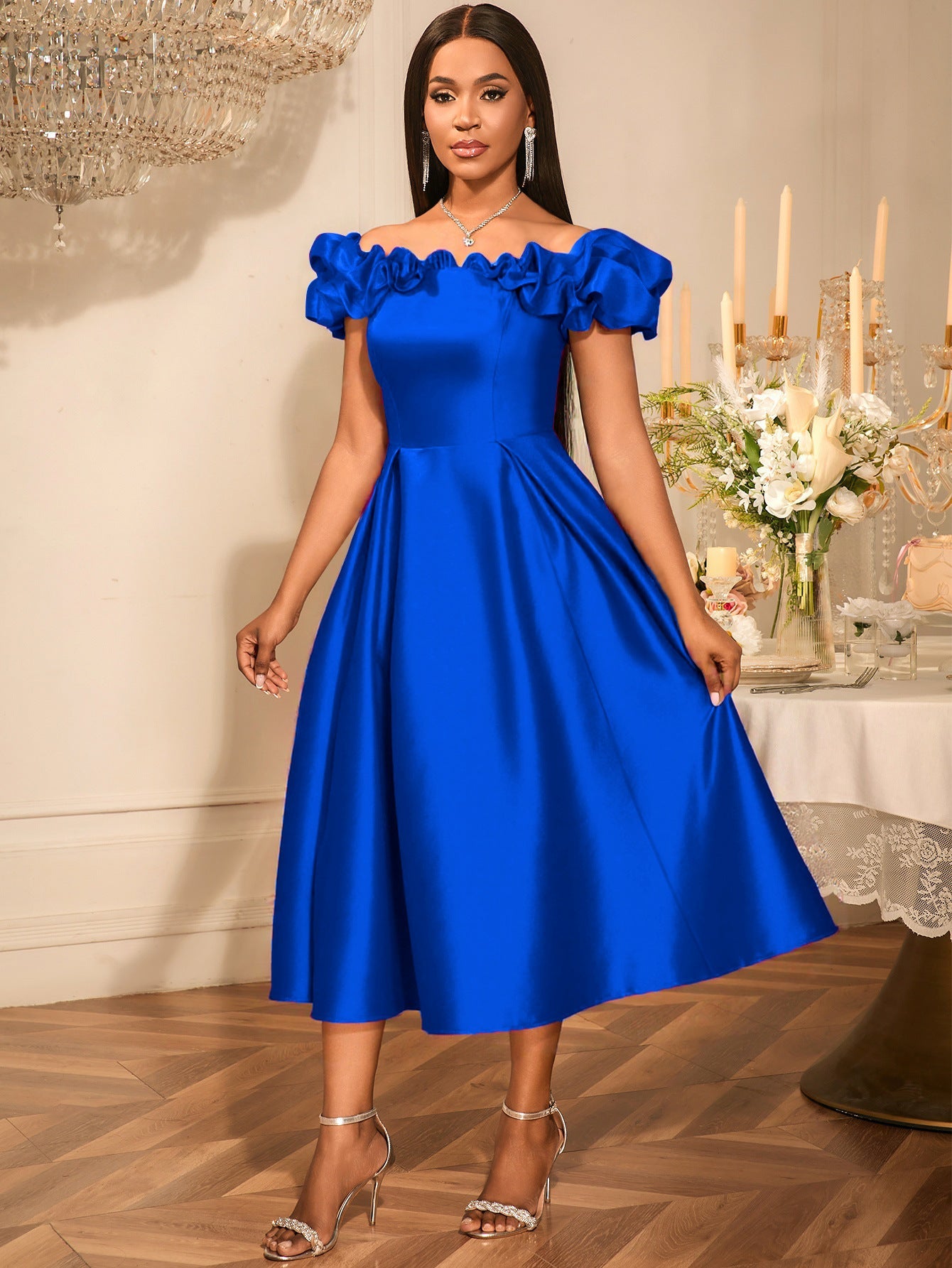 Sexy off the Shoulder Puffy Pleated Waist Tight a Expansion Dress Cocktail Wedding Bridesmaid Midi Dress by Ragazza