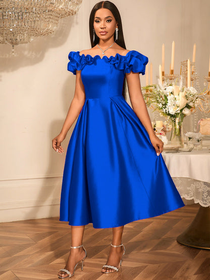Sexy off the Shoulder Puffy Pleated Waist Tight a Expansion Dress Cocktail Wedding Bridesmaid Midi Dress by Ragazza