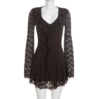 Women Clothing Autumn Solid Color Sexy Lace Ruffled Long Sleeve Low Neck Slim Dress  DestGlow