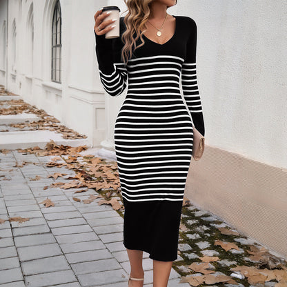 Autumn Winter Women Clothing Elegant Slim Fit V Collar Contrast Color Dress Sweater by Ragazza