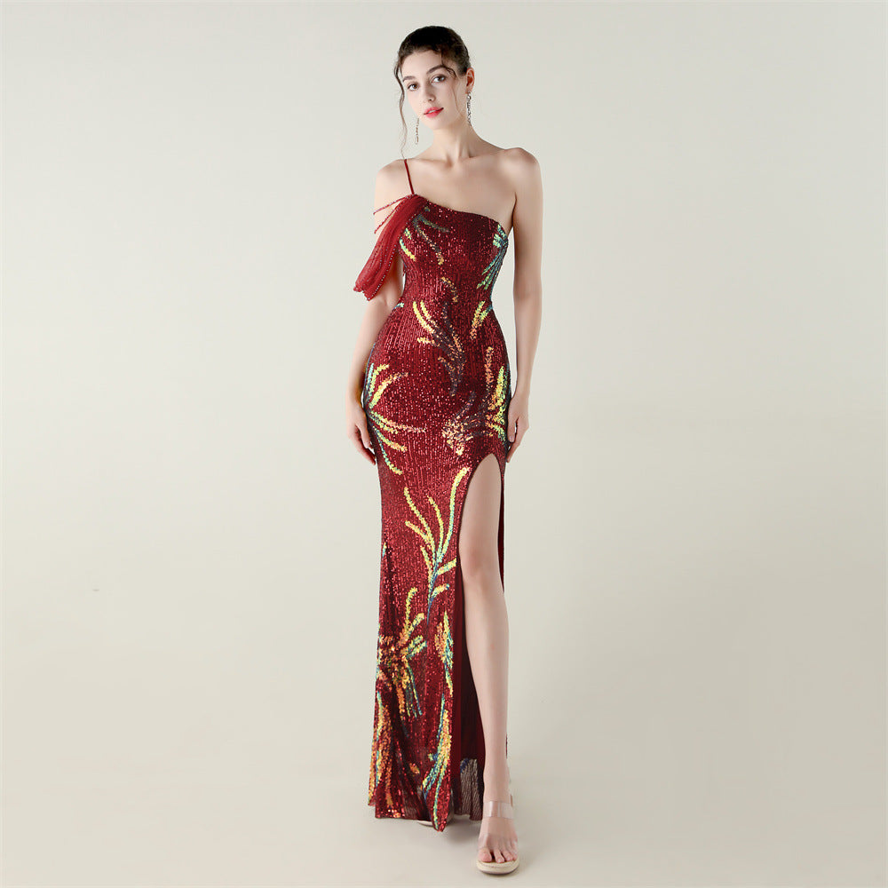 Sequin Mesh Craft Beaded Evening Dress off the Shoulder High Slit Fishtail Dress Swing Cocktail Social Socialite by Ragazza