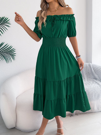Spring Summer Casual Shoulder Baring Stringy Selvedge Short Sleeve Smocking Waist Slimming Maxi Dress Women Clothing  DestGlow