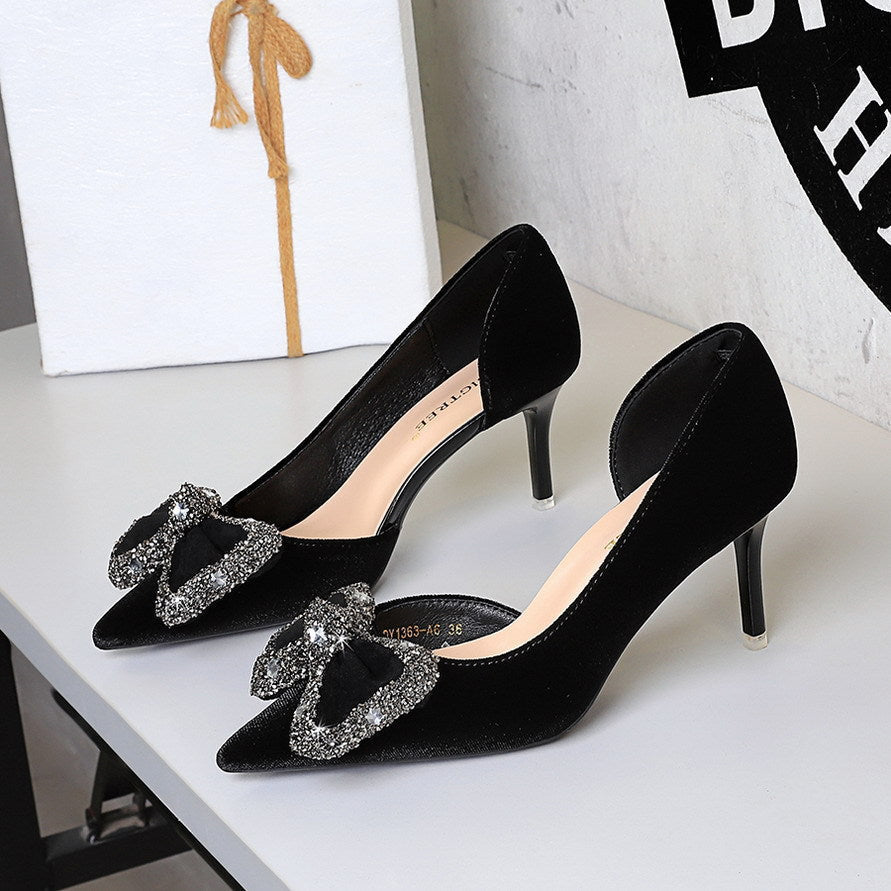 Wind Black Dignified Rhinestone Decorative Bowknot Pointed Shallow Mouth Side Hollow Out Cutout Sexy Pumps  DestGlow