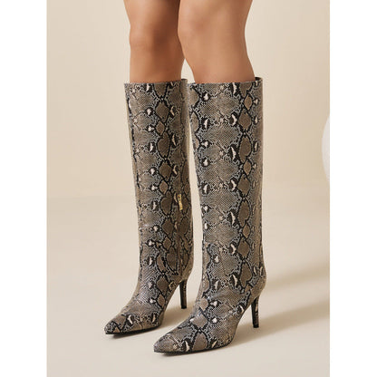 Straight Stiletto Snake Pattern Pointed Toe Side Zip Comfortable Outdoor Women Boots  DestGlow