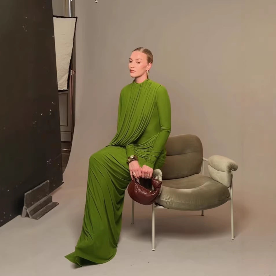 Dress Winter round Neck Green Pleated Long Sleeve  DestGlow