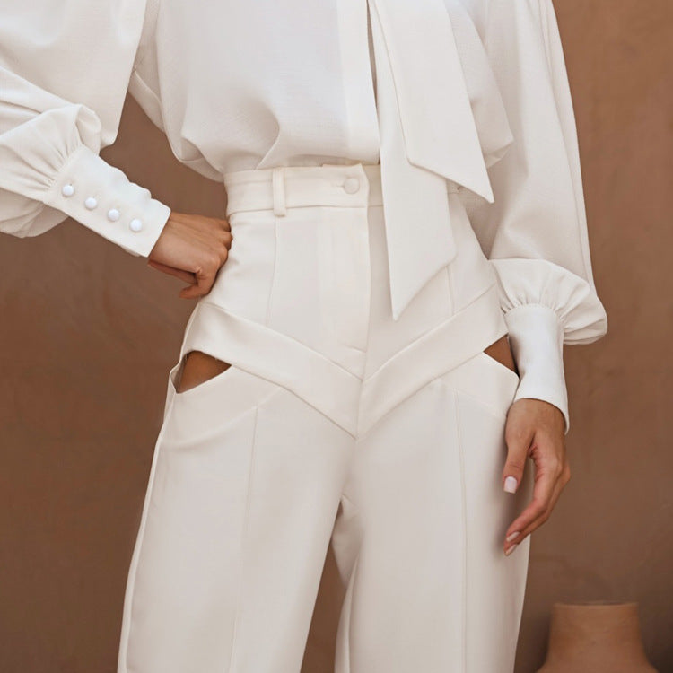 Women Clothing Autumn Niche Design Hollow Out Cutout out Casual Pants Fashionable All Match Loose White Trousers by Ragazza