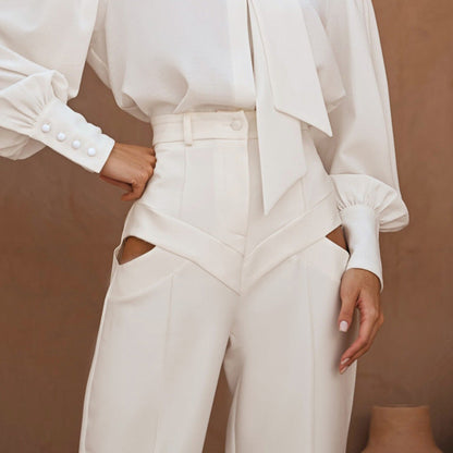 Women Clothing Autumn Niche Design Hollow Out Cutout out Casual Pants Fashionable All Match Loose White Trousers by Ragazza
