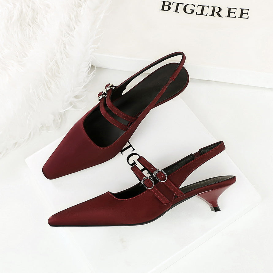 Korean Pointed Toe Strap Hollow Out Cutout Back Shoes Back Strap Comfortable Low Heel Pumps Low Cut Wine Cup Heel Satin Women Shoes  DestGlow