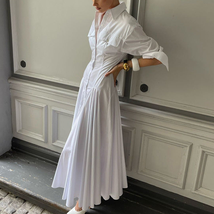 Design Pleated Single Breasted Shirt Dress Autumn Polo Collar Long Sleeve High Waist White Long Dress by Ragazza
