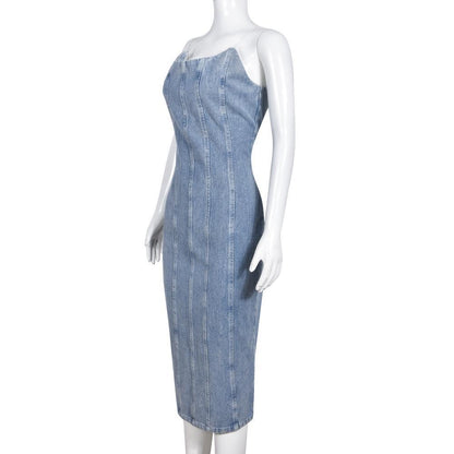 Women Clothing Sexy Slim Fit Stitching Tube Top Denim Dress for Women by Ragazza