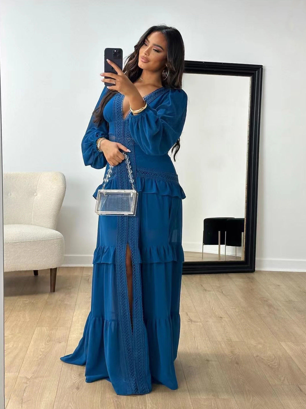 Autumn Winter Elegant Stitching Long Sleeve V Neck Dress Women Dress by Ragazza