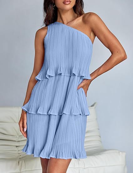 Spring Summer Women Clothing Oblique Shoulder Layered Stitching Hem Solid Color Dress Women by Ragazza