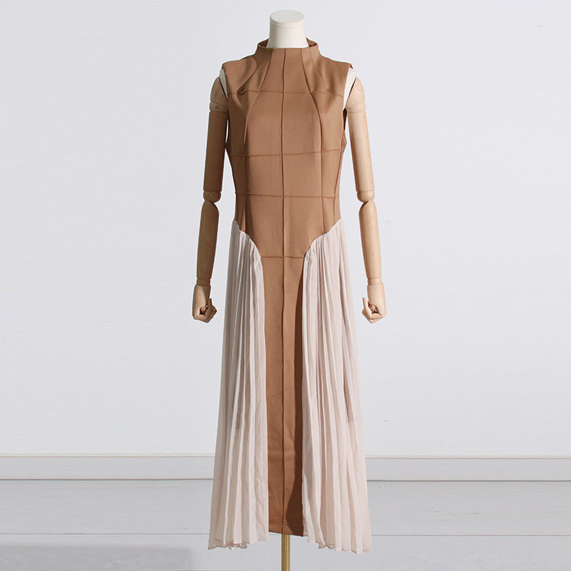 Summer Stand Collar Elegant Slightly Mature Dress Design Pleated Patchwork Waist Slimming Slimming Dress Long Dress by Ragazza