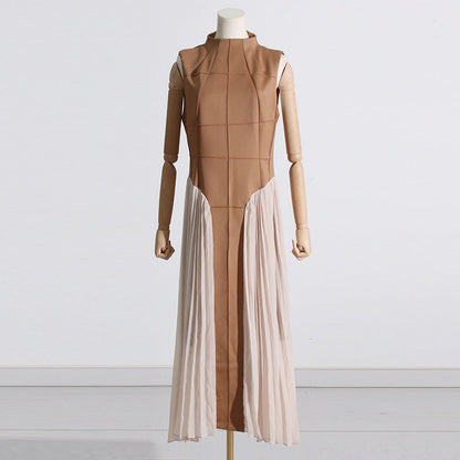 Summer Stand Collar Elegant Slightly Mature Dress Design Pleated Patchwork Waist Slimming Slimming Dress Long Dress by Ragazza