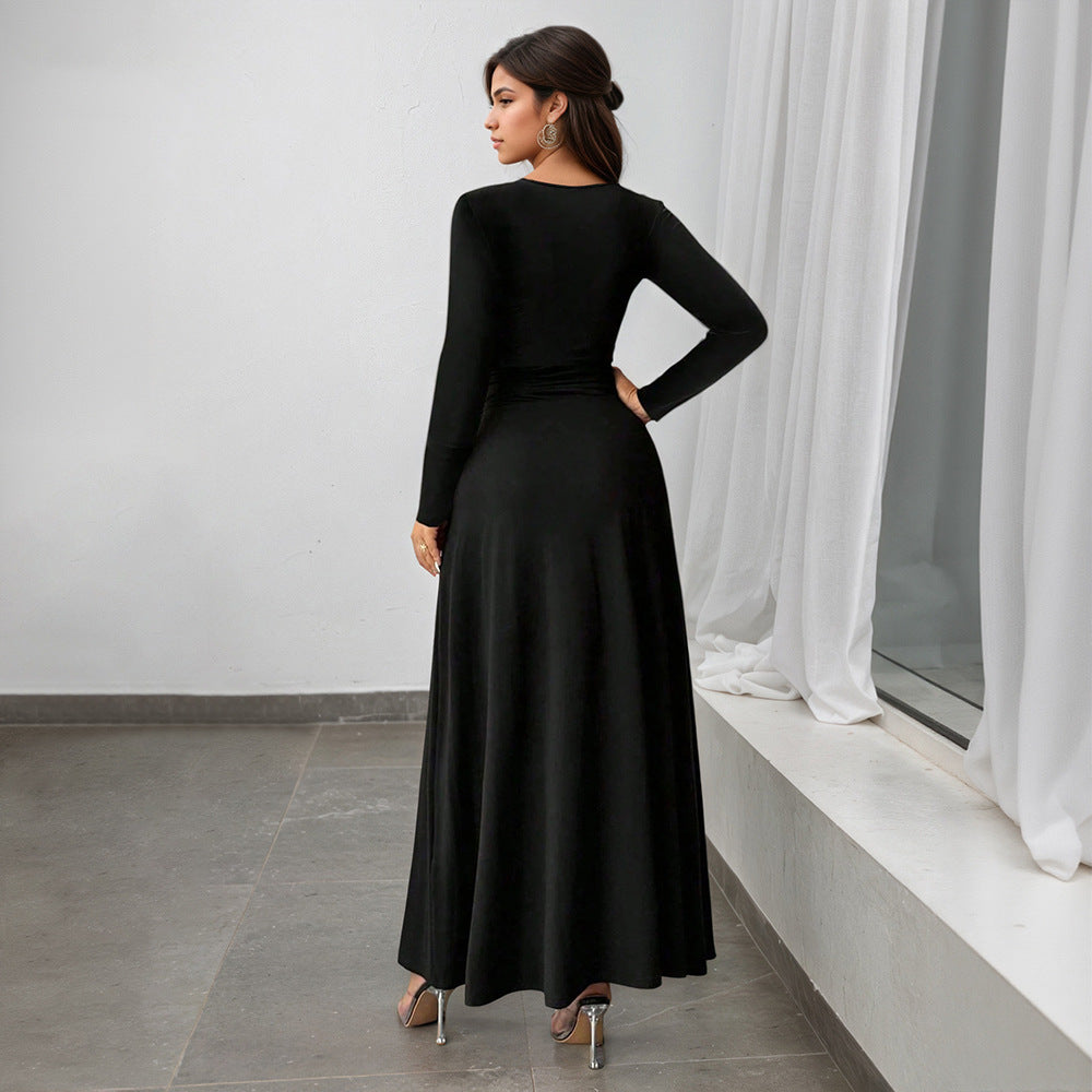 Retro Deep V Plunge neck Long Sleeve Split Black Large Swing Dress Women Slim Waist Elegant Formal Dress by Ragazza