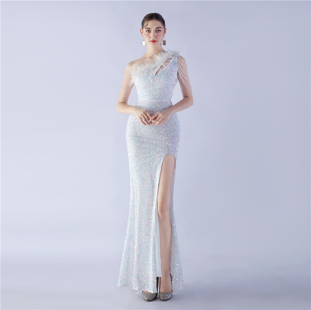 Ostrich Hair Craft Oblique Shoulder Side Slit High End Evening Dress by Ragazza