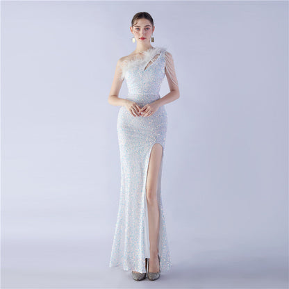 Ostrich Hair Craft Oblique Shoulder Side Slit High End Evening Dress by Ragazza
