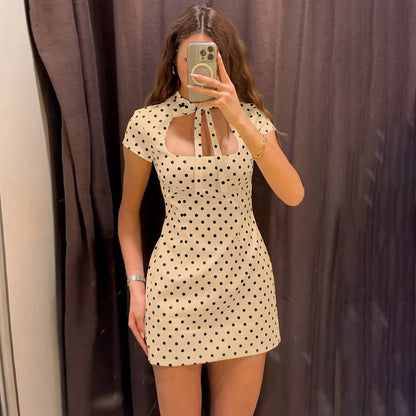 Women Clothing Summer Sexy Polka Dot Self Tie Slim Sheath Dress  DestGlow