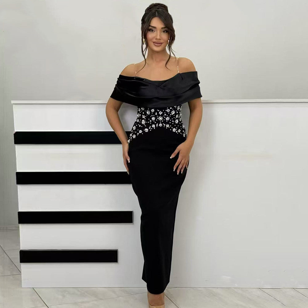 Elegant Slim Fit off Neck Splicing Beads Diamond Embedded Bandage One Piece Dress Party Gathering Dress Group by Ragazza