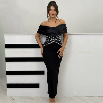 Elegant Slim Fit off Neck Splicing Beads Diamond Embedded Bandage One Piece Dress Party Gathering Dress Group by Ragazza