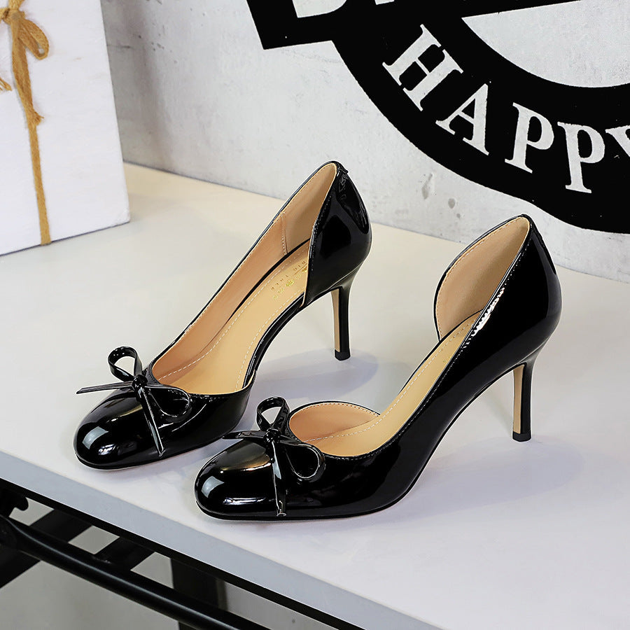 French Sweet Bow Decoration round Toe Shallow Mouth Side Hollow Out Cutout Slip on Stiletto Heel Women Shoes  DestGlow