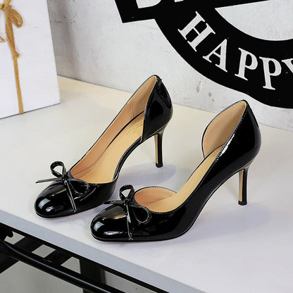 French Sweet Bow Decoration round Toe Shallow Mouth Side Hollow Out Cutout Slip on Stiletto Heel Women Shoes  DestGlow
