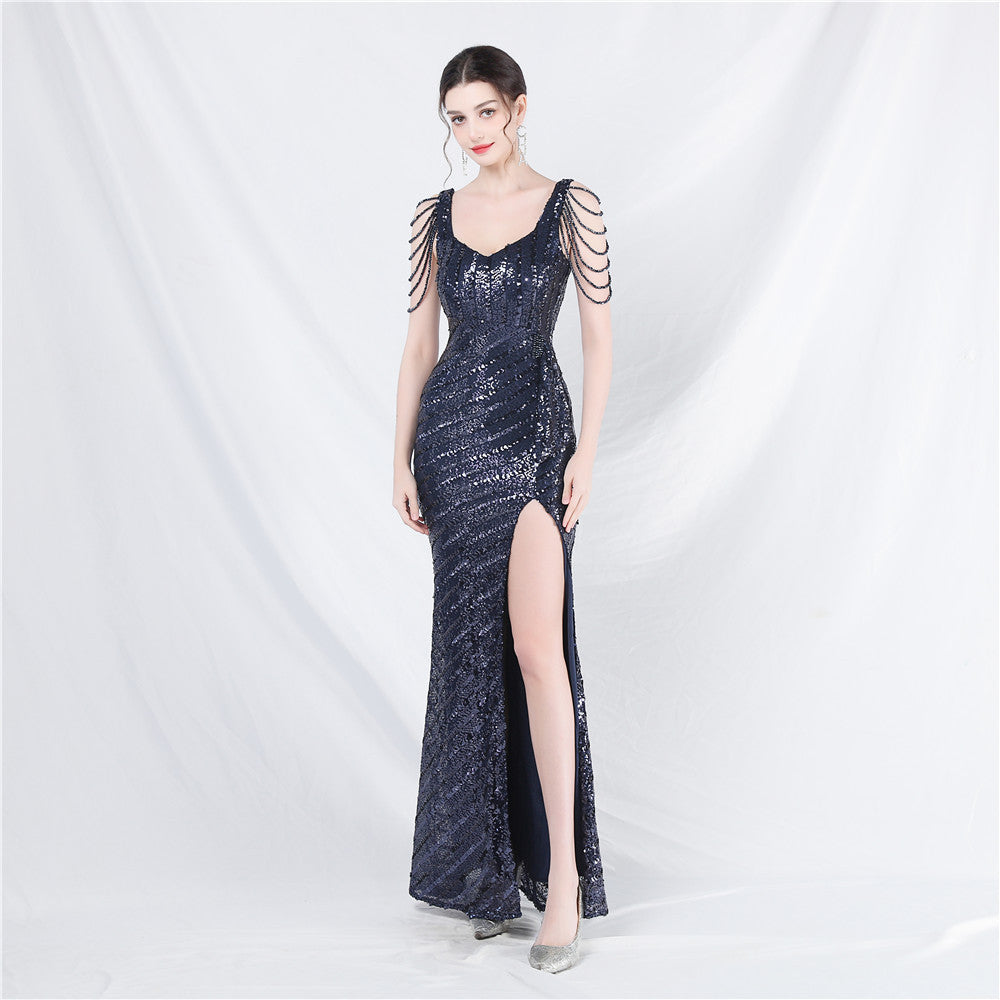 Craft Sequin Velvet Bottom Handmade Beaded Long Elegant Light Luxury Evening Dress by Ragazza