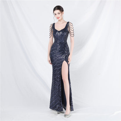 Craft Sequin Velvet Bottom Handmade Beaded Long Elegant Light Luxury Evening Dress by Ragazza