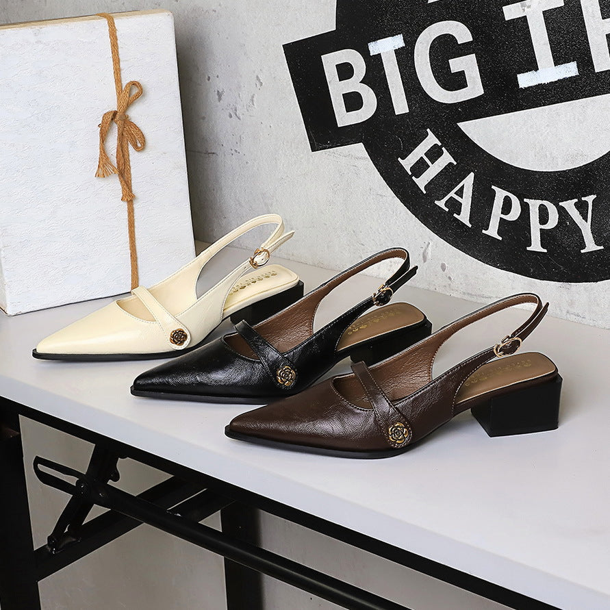 Retro Brown Camellia Pumps Word with Chunky Heel Low Heel Back Empty Back Strap Women Shoes  DestGlow