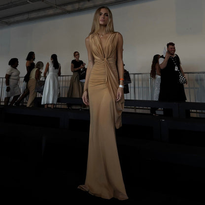Autumn Winter Women Ribbon Pleated Deep V Plunge neck Sexy Slim Fit Backless Sheath Dress by Ragazza