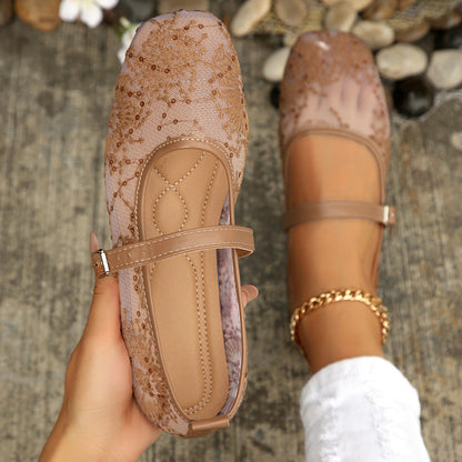 Mesh Breathable Low Top Shoes Women Vintage Mary Jane Flat Shallow Belt Buckle Loafers  DestGlow