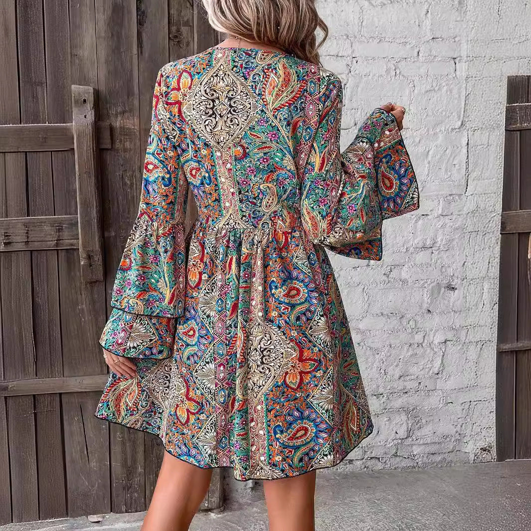 Autumn Winter Elegant Women Floral Print V neck Flare Sleeve Dress by Ragazza