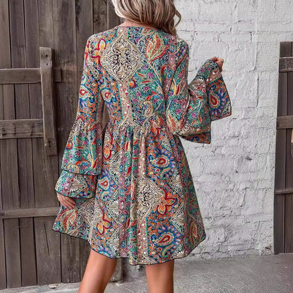 Autumn Winter Elegant Women Floral Print V neck Flare Sleeve Dress by Ragazza