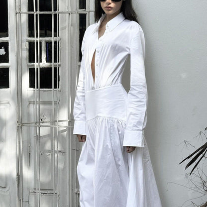 Women Clothing Spring Summer White Office Pleated A line Dress Collared Long Sleeve Shirt Dress Women by Ragazza