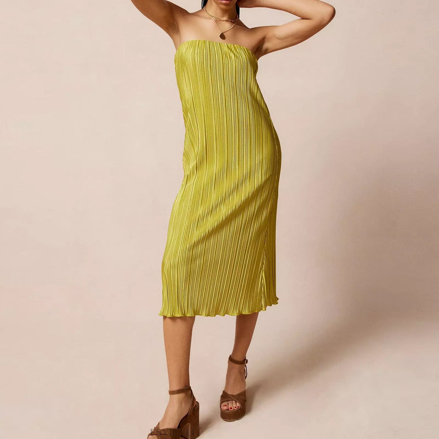 Solid Color Pleated Tube Top Backless Maxi Dress Summer Casual Loose Dress Women by Ragazza