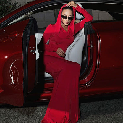 Women Clothing Autumn Solid Color Slim Fit Hood Long Sleeve Dress by Ragazza