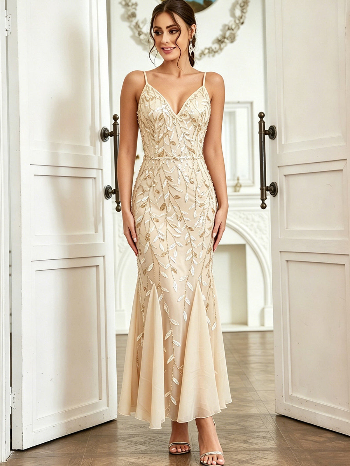 Women Clothing Party Evening Dress Sexy Chiffon Stitching Sequ Dress  DestGlow
